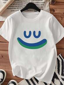 1pc Camiseta Cuello Redondo Manga Corta Unisex de Algodón Puro para Parejas con Estampado Cartoon Dulce Lindo Personalizada Ideal para Primavera Verano Otoño Combinable Moderna Sencilla Divertida​ - Blanco - Ver 1