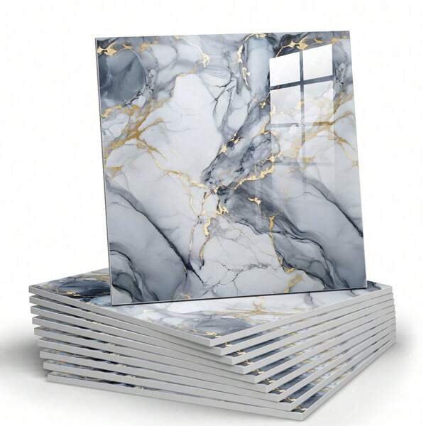 8pcs 11.81in*11.81in 0.7㎡ Smooth Blue Marble Pattern Ceramic Tile Stickers, Waterproof & Moisture-Proof Wall Covering, 3D Self-Adhesive Wallpaper For Bathroom Renovation Kitchen Accessories Kitchen Room Decor Wall Decor Wall Paper Wall Stickers