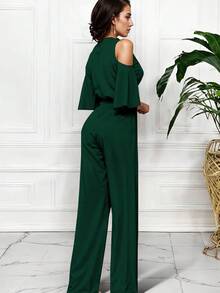 Mono de pierna ancha hombros descubierto cinturón ajustable elegante para mujer - Verde Botella - Ver 5