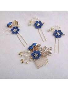 4pcs/Set Elegant Wedding Hair Accessories Set For Brides, Handmade Flower Design With Slight Position Variations - Royal Blue - View 12