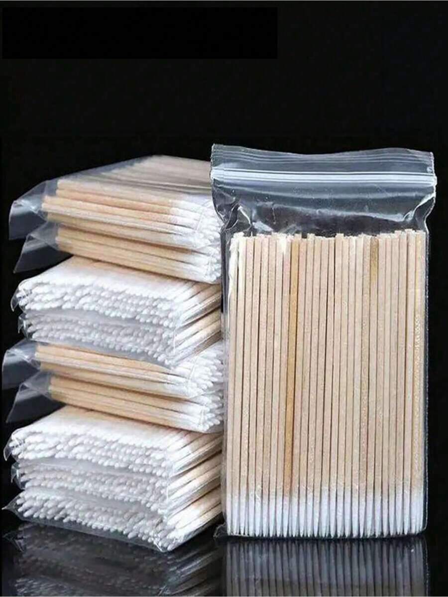 500/300/100 chiếc tăm bông vệ sinh đầu đơn, đầu bút chính xác kèm que giấy trang điểm, bút kẻ lông mày bằng gỗ, bút kẻ mắt, son môi, que vệ sinh đầu nhọn, dụng cụ gắn mi giả - Màu be - Xem 1