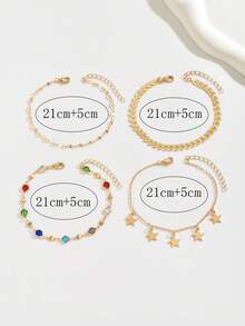 4件套迷人多层金色脚链，镶嵌彩色水晶钻和流苏，时尚女士海滩派对首饰套装，适合日常、派对和节日佩戴。手工链条上的珠子数量可根据长度调整，彩色玻璃钻的颜色排列随机。