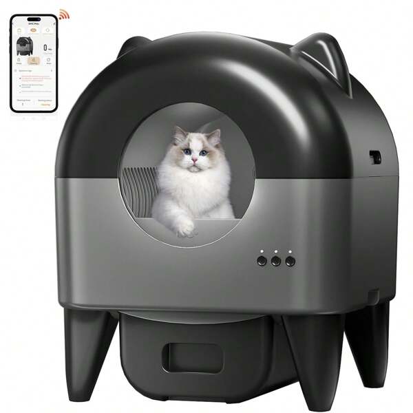 OMCPET Automatische, selbstreinigende Katzentoilette, 110 l, extragroß, APP-gesteuert mit Schutz durch Smart Safe-Sensoren, geruchsfrei, geräuscharm, niedliche Katzentoilette mit Katzenohren für mehrere Katzen von 1,1 bis 16 kg