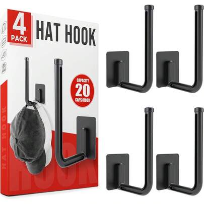 OWLMATE Hat Organizer For Baseball Caps Hat Rack For Wall Hat Hooks Hat Storage Holder For Closet Door Adhesive/Drill Mount 4 Pack