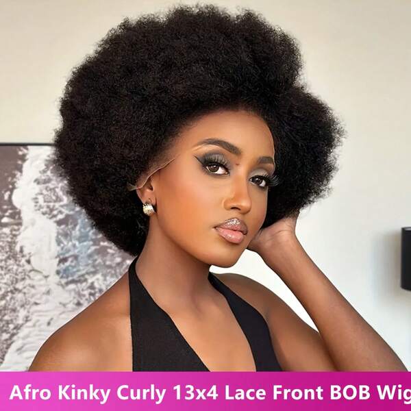 Short Afro Curly Human Hair 13x4 Lace Front Wig Glueless Brazilian Virgin Afro Kinky Curly Bob Wig Transparent Lace Frontal Wig For Women