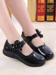 Children's Shoes, Girls' Leather Shoes, Soft-Soled Princess Shoes, Fashionable Spring And Autumn 2025 New Style, Bow Soft Soled Hook And Loop One-Legged, Black Baby And Primary School Performance Shoes - Black - View 3