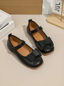 1 Pair Girls' Black Flat Shoes, PU Leather Adjustable Magic Tape Closure, Round Toe, TPR Non-Slip Sole, Comfortable, Fashionable Bow Design, Suitable For 5-14 Years Old Elementary & Middle School Students, For Casual, School, Performance And Daily Wear, All Seasons