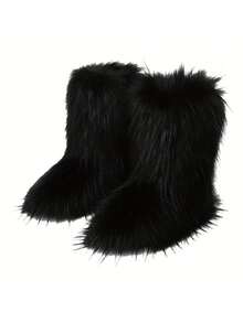 Women's Faux Fur Boots, Casual Slip On Furry Fluffy Snow Boots, Women's Comfortable Mid-Calf Boots - Black - View 2