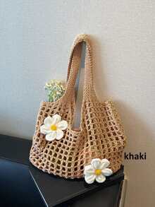 Women's Large Capacity Solid Color Crochet Tote Bag Knitted Hollow Design Fashionable Beach Shopping Bag For Travel And Vacation Women Knitted Hollow Out Tote Bags New Large Capacity Shoulder Composite Bag Weave Beach Vacation Handbags