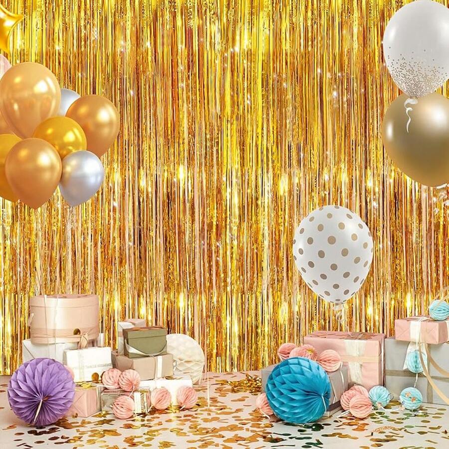 2Pack Silver Metallic Tinsel Foil Fringe Curtains, Door Streamer Photo Booth Backdrop Birthday Wedding, Graduation Engagement Bridal Shower Bachelorette Party Decorations Dancing Ball Party - 金子 - 查看 1