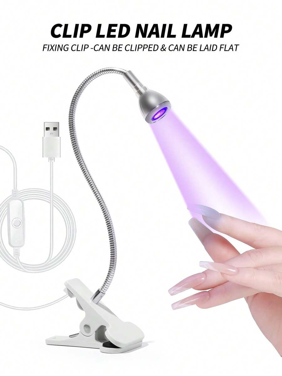 紫外线美甲烘干机灯，迷你 USB 夹式台灯，适用于凝胶指甲、沙龙美甲工具 - 銀色 - 查看 1