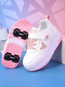 נעלי סקייטבורד לילדים עם גלגלים ו-4 גלגלים נשלפים, נעלי ספורט קז'ואל, נעליים, נעלי פנאי אופנתיות עם רצועת וו ולולאה לבנים ולבנות - ורוד - ראה 3