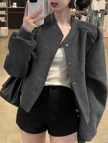 美式灰色休闲棒球夹克，宽松版型，落肩，短款，百搭秋季外套