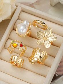 6pcs Vintage Elegant Fashion Metallic Antique Coin, Baroque Faux Pearl Flower, Metal Hollow Line Inlaid Colorful Gem Adjustable Cocktail Ring Set. Stylish, Versatile, High-End Multi-Piece Stacking Rings, Suitable For Ladies Summer Beach Party, Wedding, Anniversary, Valentine's Day Gift