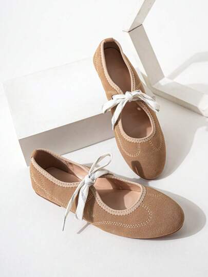 Women's Casual Lace-Up Soft Flat Shoes, Suede-Like Round Toe Nude Ballet Flats, Suitable For Summer Vacation, Summer Promotion, Back To School, Student Outfit, Christmas, Autumn, New Year