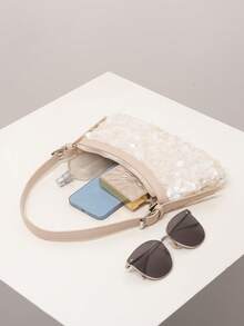 Sequin Shoulder Bag, Bridal Party, Premium Style Ladies Handbag, Prom Bag, Prom Accessories, Elegant Women's Bag, Wedding Items, Glittery Prom Clutch (Pattern Random) - Beige - View 7