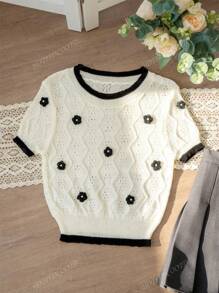 Contrast Color Korean Elegant Knit Top, Sweet 3D Floral Splice Short Sleeve T-Shirt For Women, Summer