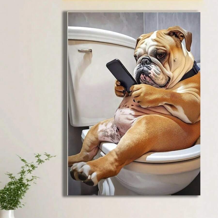 Framed Funny Bulldog Bathroom Wall Art, Dog On Toilet Decor, Humorous Pet Print, Unique Dog Lover Gift, Cute Animal Poster For Home,Room Decor And Wall Art