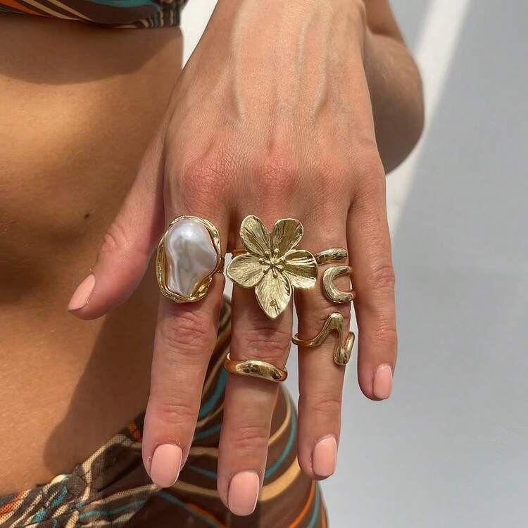 Vintage Smooth Marine Flower Knuckle Ring, Starfish & Seashell Open Band Bohemian Style Rings, Elegant Gift For Women Suitable For Party, Vacation And Daily Wear - Gold - View 6