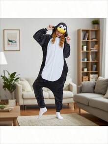 1pc Ropa de mujer linda El imán de caricatura Impresión de franela Romper Pijamas - Manga larga, con capucha, con cremallera, tejido de punto, forro de poliéster,  para adultos para calor de otoño/invierno - pingüino - Ver 1