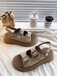 女士厚底凉鞋，圆头镂空坡跟凉鞋，套脚拖鞋，夏季度假休闲户外凉鞋，适合搭配连衣裙和沙滩穿着，厚底拖鞋 - 杏色 - 查看 3