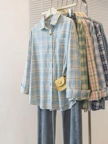 YUXIN 女士复古格子风衣外套，高端时尚宽松长袖衬衫，适合秋冬季穿着 - 藍卡色 - 查看 3
