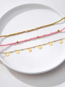 3pcs Metal Pearl Bead & Disc Pendant Necklace Set (Disc Qty Random) - Pink - View 4