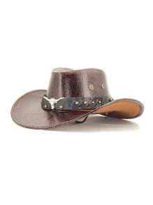 1pc Unisex Solid Color PU Leather Cowboy Hat, Unique Shiny 3D Bull Head Design With Leather & Metal Rivet Wide Belt Decor, Wide Brim Sun Protection Hat, New Vintage Wide Brim Sun Hat, Adjustable Cord Cyberpunk Stylish Cool Novelty Punk Style Wide Brim Cap