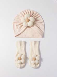 1 pieza Gorro de bebé con flor de cinco pétalos, suave y cómodo, 1 pieza de calcetines para niños con diseño de flores, aptos para uso diario, 0-2 años
