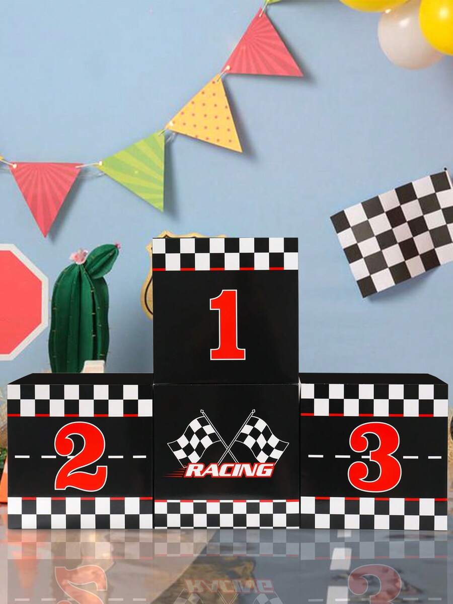 4 piezas de cajas decorativas con tema de carreras, de 10.63 pulgadas (27 cm) para fondo de fiesta, diseño de podio a cuadros en blanco y negro, decoración de fiesta de cumpleaños con tema deportivo, telón de fondo para photobooth, centro de mesa - Multicolor - Ver 1