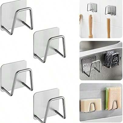 5 X 5 X 3.2 Cm Stainless Steel Sponge Holder, Kitchen Sink Hanging Hook, Adhesive Silver Sponge Rack, Stainless Steel Kitchen Hooks Suitable For Sponge Scrubber