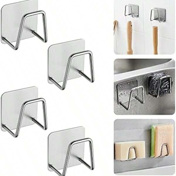 5 x 5 x 3,2 cm Porte-éponge en acier inoxydable, crochet de suspension pour évier de cuisine, porte-éponge adhésif argenté, support de cuisine en acier inoxydable convenant pour éponge et brosse