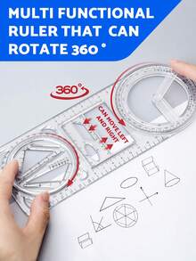 1 pieza Regla de dibujo multifunción, regla geométrica para estudiantes de secundaria y universidad, regla triangular transportador, plantilla matemática para escuela secundaria y preparatoria, regla plantilla de dibujo - Multicolor - Ver 6