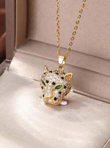 1 pièce Collier pendentif en acier inoxydable à tête de panthère avec strass, mode personnalisée. Convient pour le port quotidien des femmes et des couples. Peut être un cadeau pour l'anniversaire, les vacances, Halloween