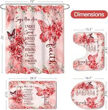 4 Pcs Yellow Inspirational Quotes Shower Curtain Set With Rugs And Toilet Lid Cover, Colorful Boho Waterproof Fabric Bathroom Set, Bible Verse Floral Bathroom Decor Set Accessories - 紅色 - 查看 10