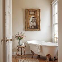 1 件马桶上的鬼魂印刷品 | 有趣的万圣节浴室装饰 | 复古万圣节墙壁艺术 | 可爱的鬼魂海报 | 万圣节装饰 | 万圣节海报 | 带框或不带框，房间装饰，家居装饰，大学宿舍公寓装饰，酒店、家庭、客厅、卧室、浴室和办公室墙壁装饰的礼物 - 彩色 - 查看 3