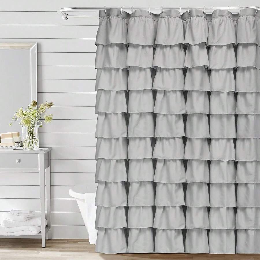 Gray Shower Curtain, Ruffle Farmhouse Shower Curtain Fabric Bathroom Curtain Machine Washable, 72 X 72 Inch Long - Grey - View 1