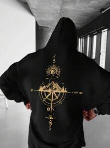 Men's Casual Mountain Print Hoodie Sweatshirt, Autumn/Winter, Long Sleeve Top - Black - View 1