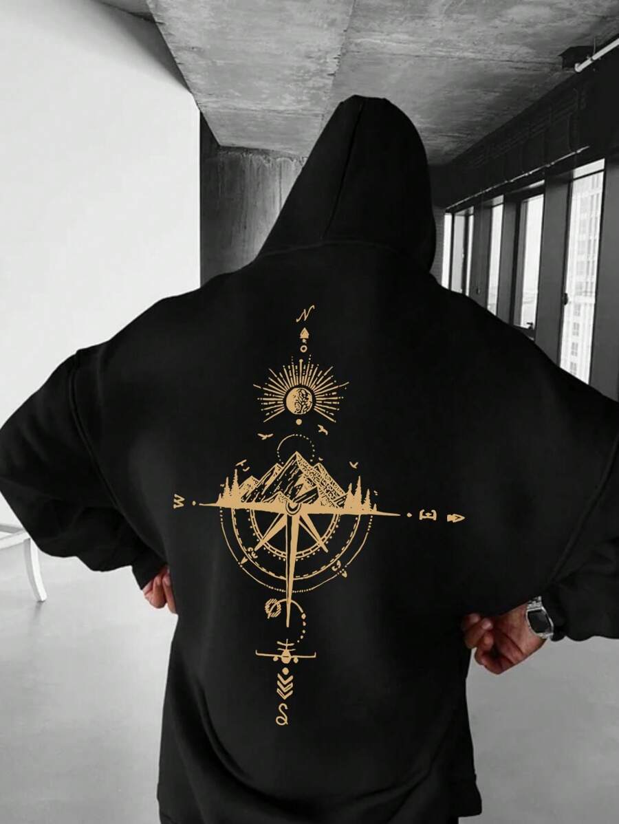 Men's Casual Mountain Print Hoodie Sweatshirt, Autumn/Winter, Long Sleeve Top - Black - View 1