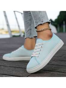 Women's Solid Color Simple Sneaker, Slip-On Lightweight Flat Walking Skateboard Shoes, Low-Top Comfortable Canvas Shoes Plus Size - 藍色 - 查看 6