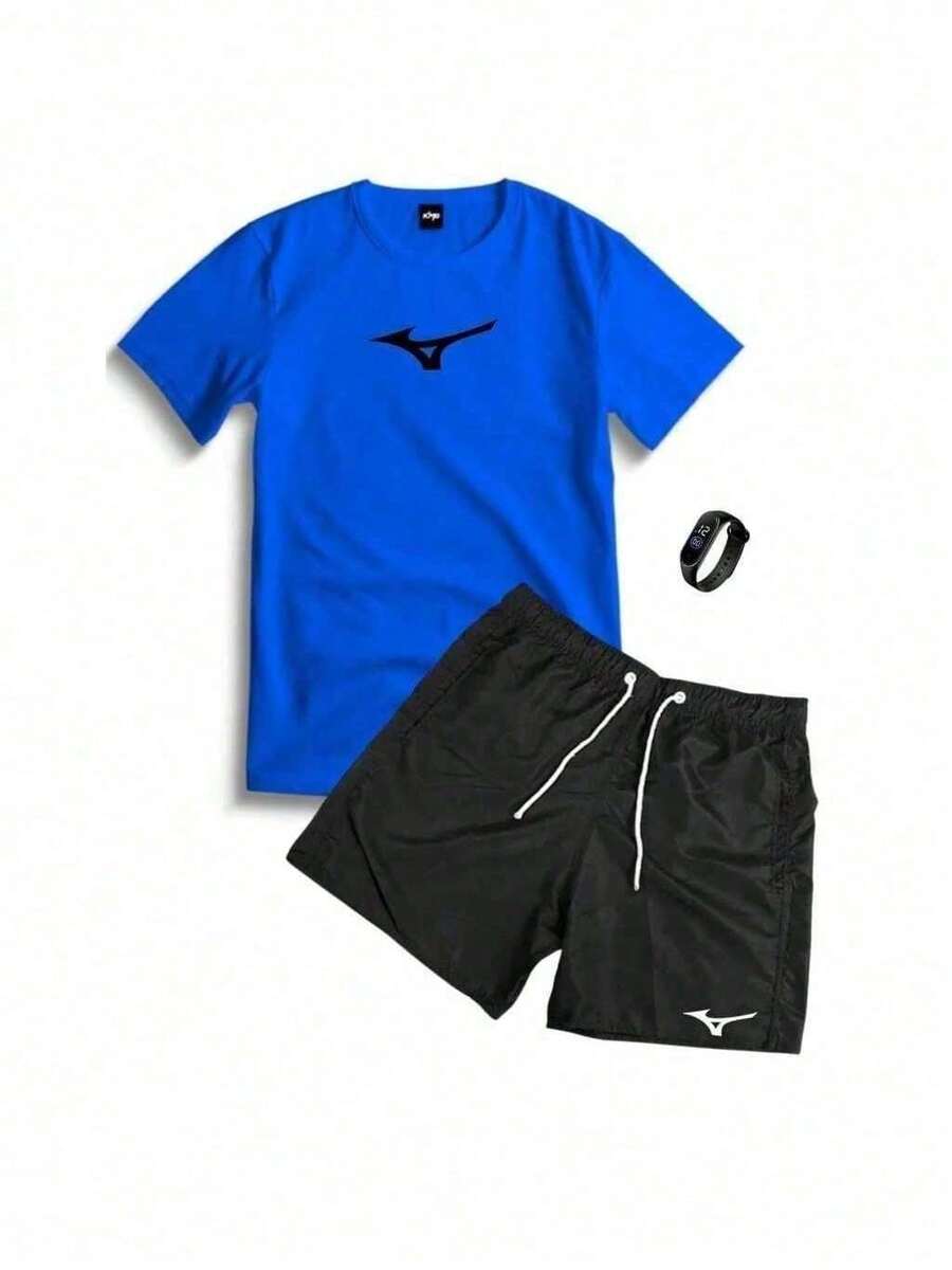 Set Kit 100% Cotton T-Shirt And Printed Tectel Shorts MZN + WATER-APPROVED DIGITAL WATCH - 藍色 - 查看 1