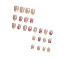 French Press On Nails Short Oval Fake Nails With Designs French Tip Nails Red Hawaii Flower Pattern Summer Glue On Nails Almond Shape Acrylic False Nails Tip Reusable Stick On Nails For Women 24PCS