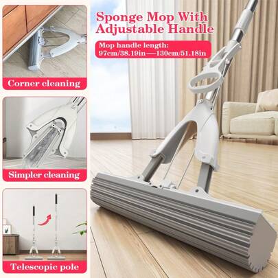 Sponge Mop With Adjustable Handle,Double-Folding, Labor-Saving Sponge Mops, Absorbent Household Floor Mops, No-Wash Hand Sponge Mops, Dusting Sponge Mops, Cleaning Tools, Suitable For Living Room, Bedroom, Bathroom, Toilet, Kitchen, Floor Cleaning