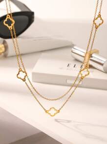 1pc, 18k Golden Plated, Stainless Steel Hollow Clover Double Necklace, Women's Classic Luxury Stainless Steel Jewelry, Wedding Graduation Gifts
