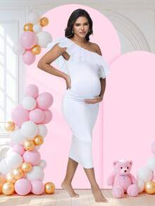 Irresista 孕妇单肩网眼领婴儿洗礼中长连衣裙派对拍摄连衣裙 - 白色 - 查看 7