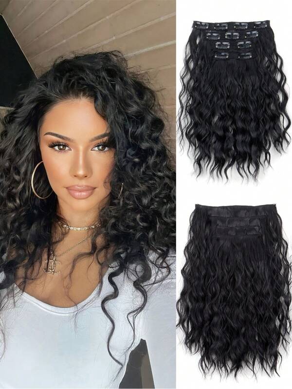 Clip In Hair Extensions, 4PCS Hair Extensions 12" Short Curly Wavy Synthetic Black Clip In Extension For Thin Hair Natural Soft Hairpieces For Women