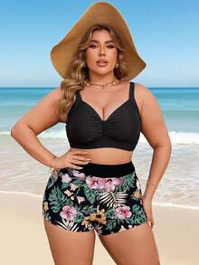Swim Lushoire Plus Size 2pcs Spaghetti Strap V-Neck Push Up Drawstring Solid Color Tankini Swimwear Set With Shorts, Suitable For Pool, Beach, Holiday - Black - View 2