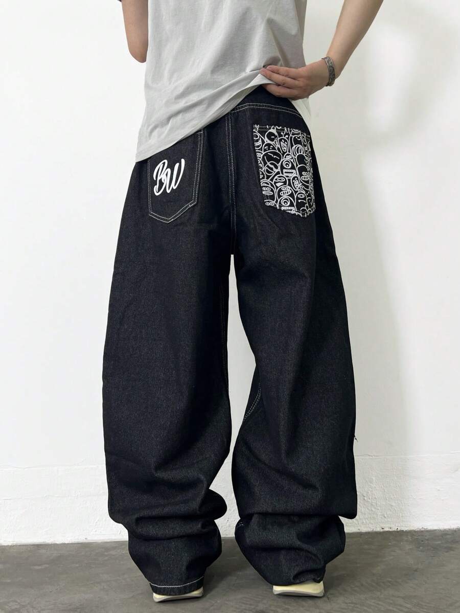 1pc Justice Brother Casual American Style Printed Men's Loose Fit Wide Leg Jeans, Brand Pants (Excluding Belt And Accessories)