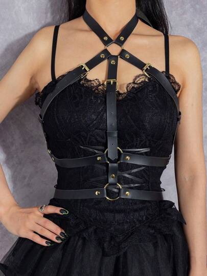 1pc Women's Gothic Style Sexy Bustier Crop Top With Adjustable Straps And Double-Layer Waist Cincher, Suitable For Parties, Dates, And Intimate Gatherings