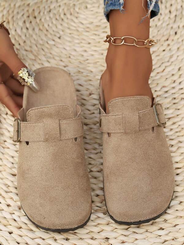 Women's Slip-On Sandals, Comfortable & Fashionable. Khaki Fabric Upper, Metal Buckle Decor, Round Toe, Low Heel, Anti-Slip Rubber Sole, Fashionable Slip-On Mule Sandals With Metal Buckle